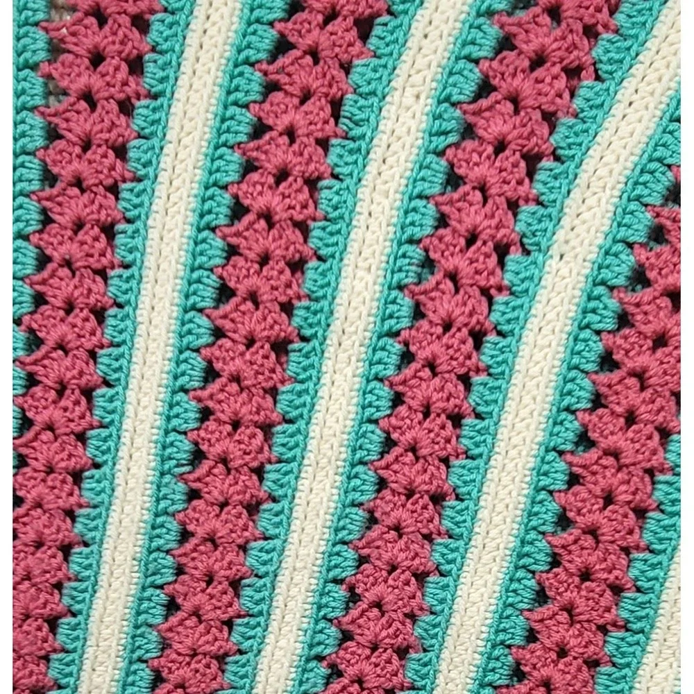 Handmade Crochet Blanket Scalloped Stripe Floral Pattern Pink Teal Cream 60x60